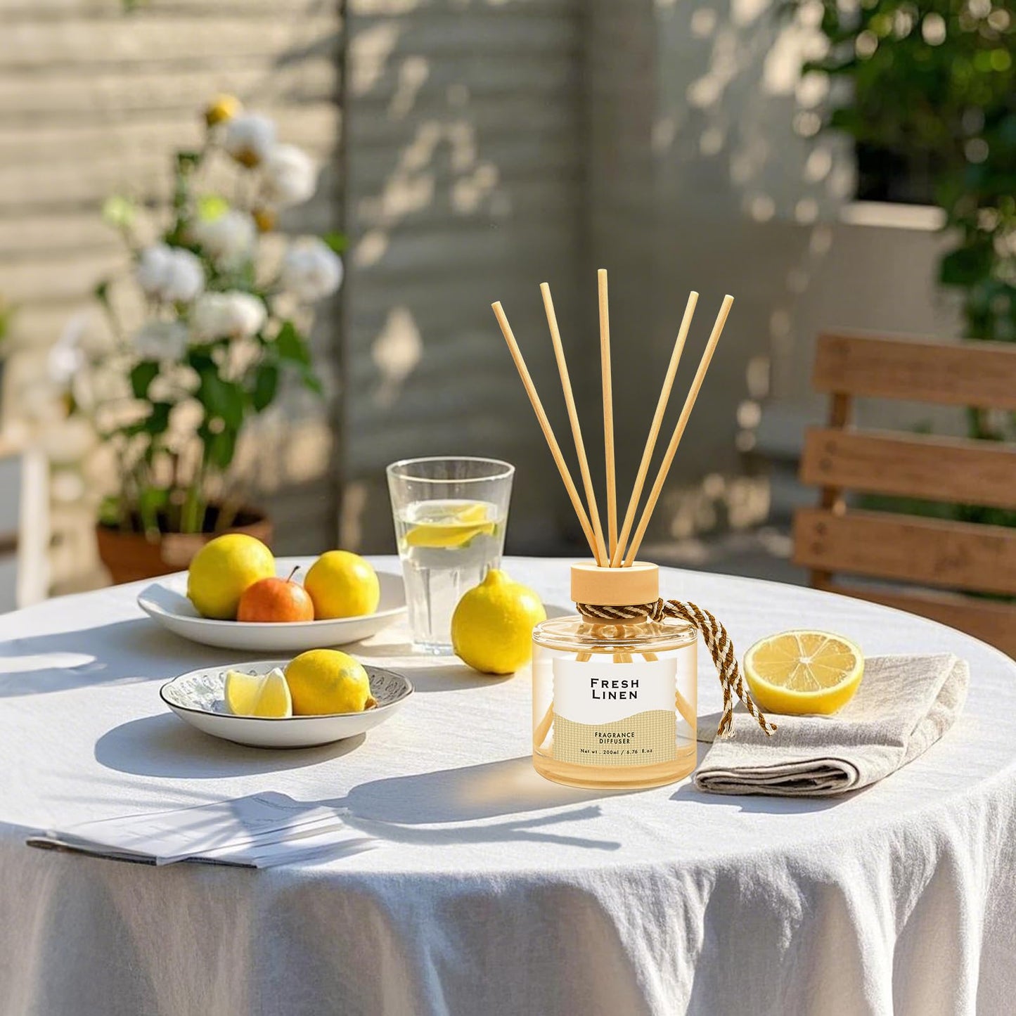 BEHAZEER Linen Reed Diffuser, 6.77OZ/200ML Large Capacity Natural Non-Toxic Oil, Long-Lasting Fragrance Reed Diffusers Set for Home and Bathroom, Aroma with 5 Reed Diffuser Sticks Gifts