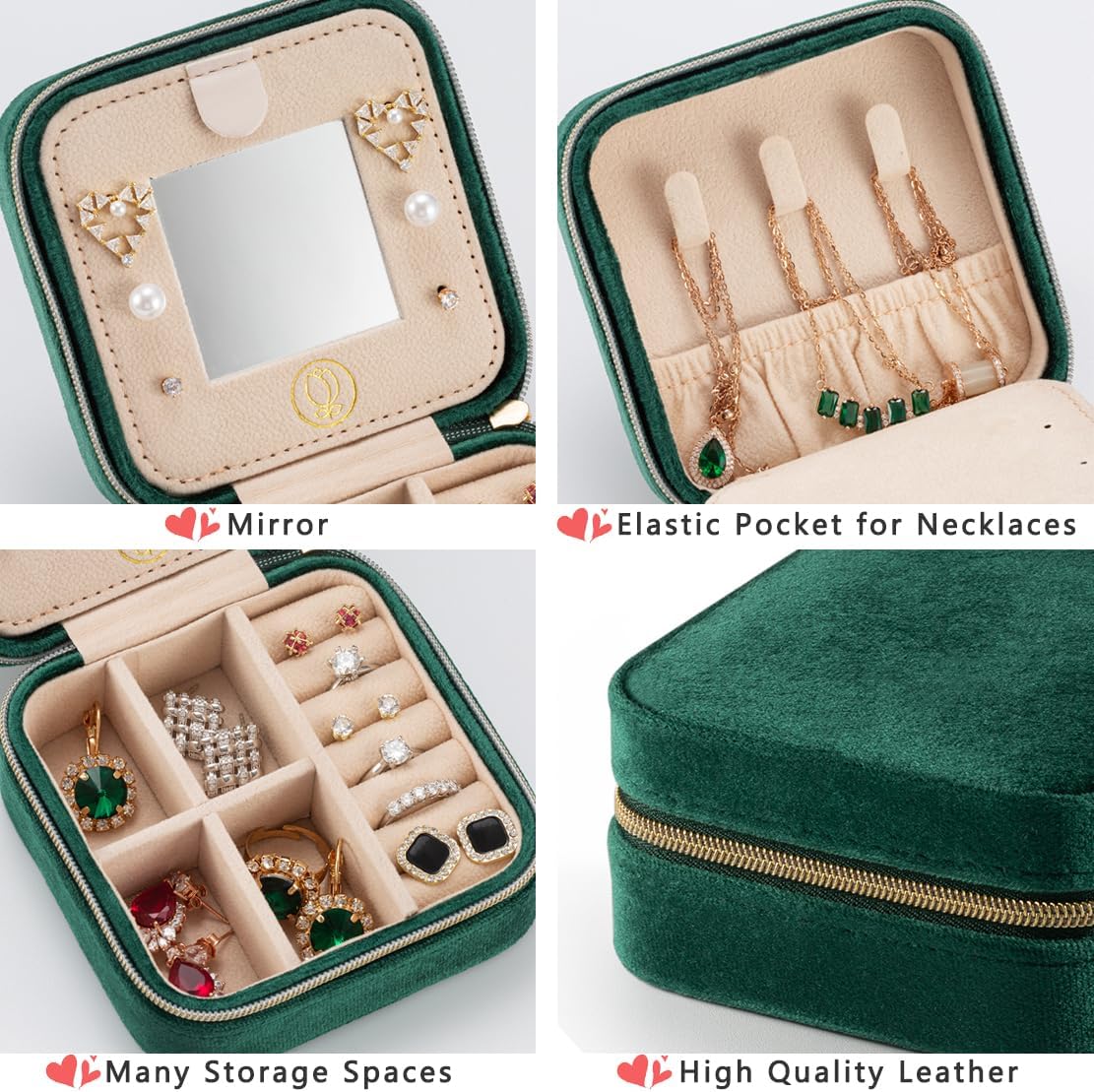 Plush Velvet Jewelry Travel Case,Small Jewelry Box,Traveling Jewelry Organizer,Portable Jewellery Storage Holder for Rings Earrings Necklace Bracelet, for Girls Women | Green-Mirror