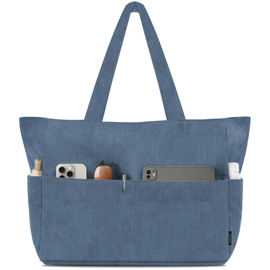 HOMESPON Large Corduroy Tote Bag for Women Everyday Shoulder Bag with Pockets and Zipper for Work Travel Vacation (Blue, L)