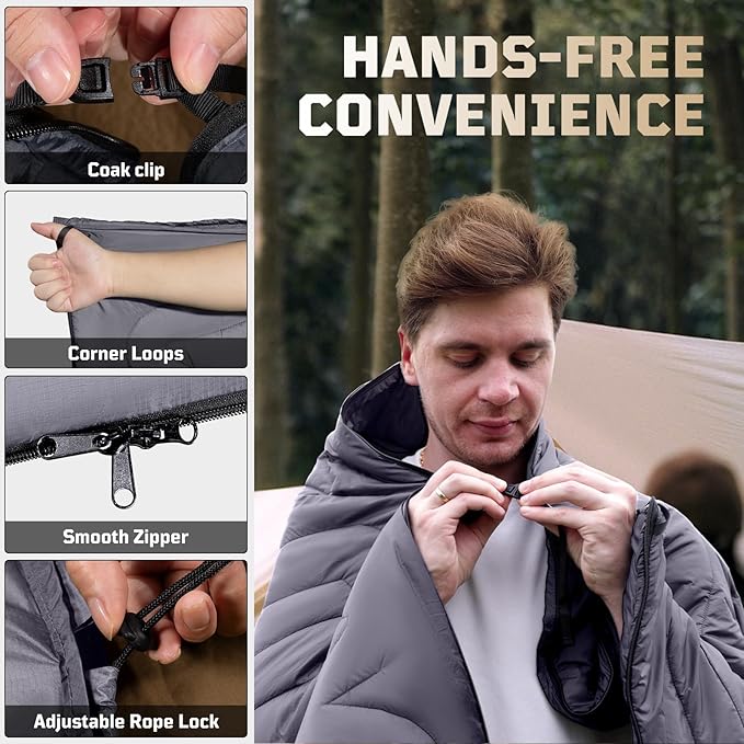 Camping Blanket, Packable, Lightweight Camp Quilt with Zipper, Multifunctional Outdoor Sleeping Blanket for Backpacking, Travel, Stadium, Beach