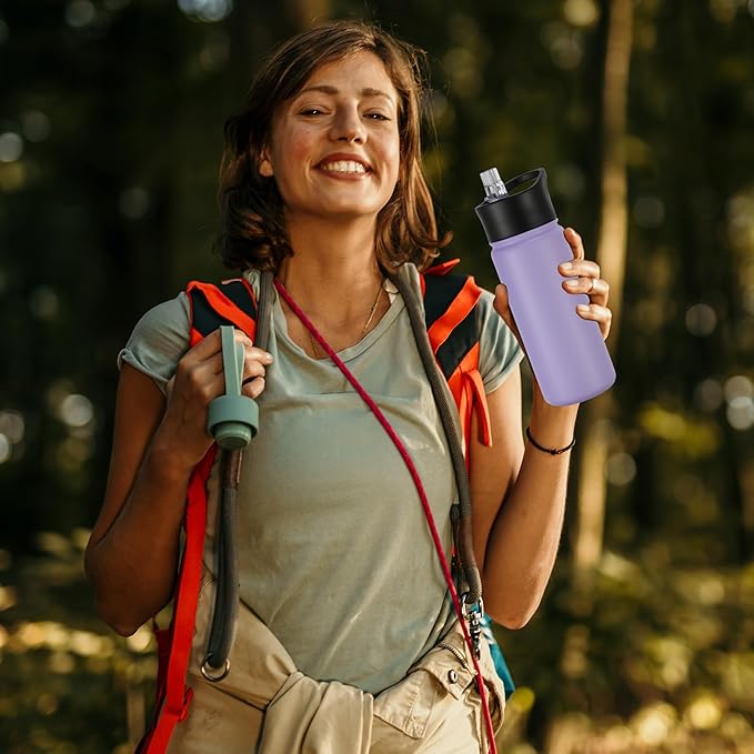 16 oz Insulated Water Bottle with Straw Lids, Stainless Steel Kids Water Bottles for School, Double Wall Vacuum Metal Water Bottle with Straw & Wide Mouth Lid, Lavender 4 Pack