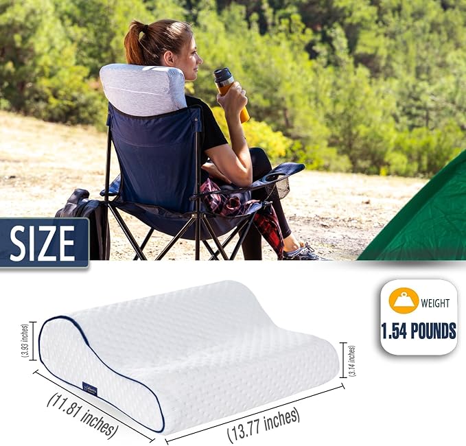 Travel & Camping Comfortable Memory Foam Pillow – Easy to Carry Portable Bag – Temperature Regulating Pillow Case (White Contour + Extra Cover)