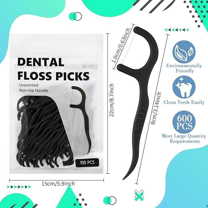 Baderke 200 Count Floss Picks Bulk Non Breakable Tooth Picks Flosser Dental Floss Sticks for Adults Teeth Cleaning Dental Flossers for Family Pack Travel(Black)