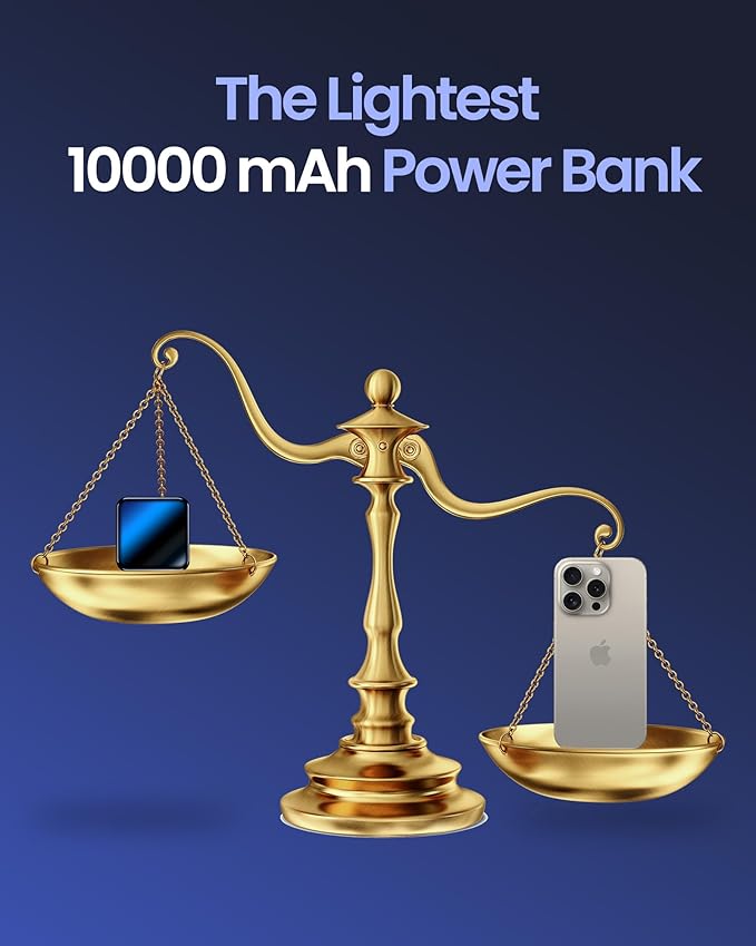 10000mAh Small Power Bank，Fast Charge Mini Portable Charger, USB C Input/Output with External Battery Pack, Smart LED Display，Suitable for iPhone, Samsung, iPad and Tablets.