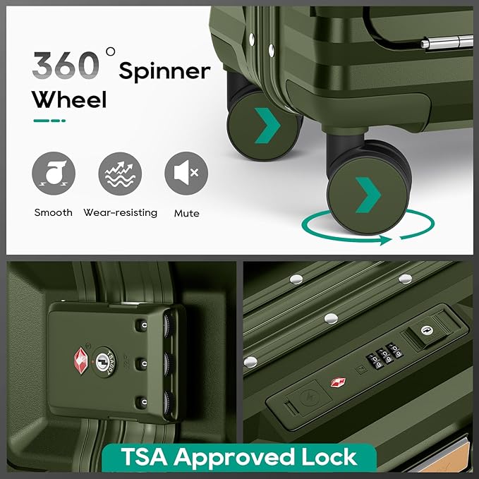 Joyway 20 Inch Carry on Luggage with Aluminium Frame and Front Pocket, PC Hardshell Suitcase with USB Port and Cup Holder, 21.5x14.2x9 Airline Approved Luggage with Spinner Wheel, TSA Lock(Dark Green)