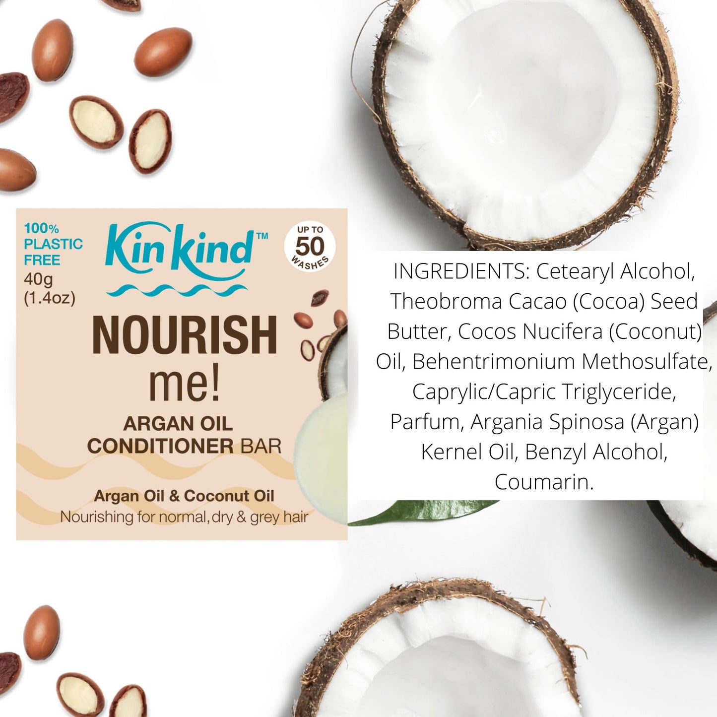 KinKind Hair Conditioner Bar - NOURISH Me! | Argan Oil Conditioner Bar for Hair - Solid Coconut Conditioner - Dry Hair Conditioner | For Normal/Dry & Grey Hair | Up to 50 Washes - Vegan & Cruelty Free