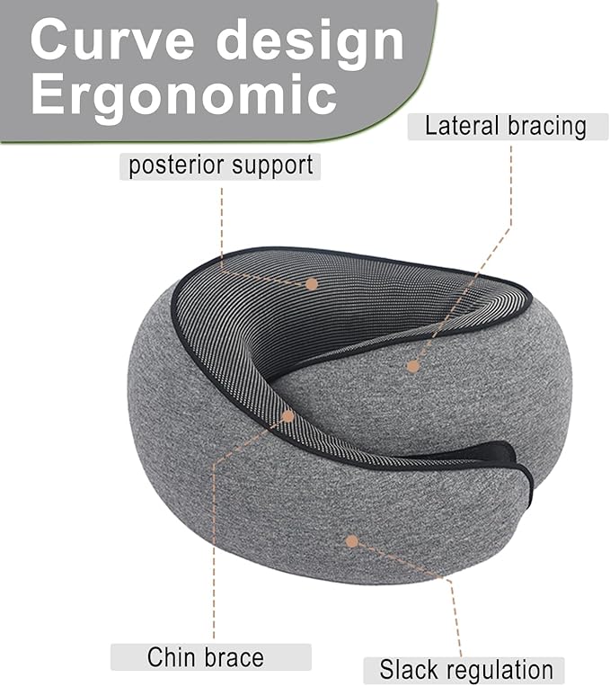 Cloud Sleep Travel Pillow｜360° Adjustable Neck Pillow for Airplane & Office｜NASA Memory Foam｜Free Eye Mask & Earplugs (Grey)