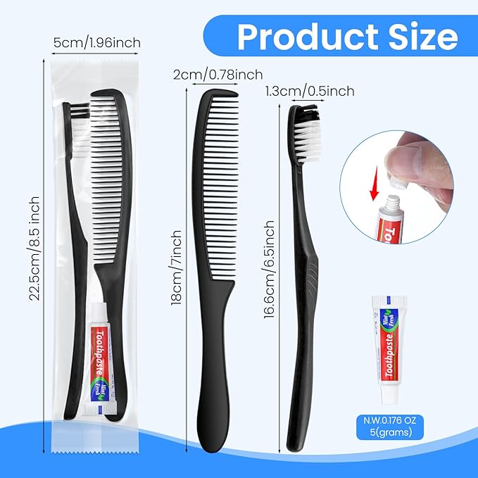 Black Disposable Toothbrushes with Toothpaste and Comb - Pack of 30,Individually Wrapped Single Use Travel Toothbrushes Kit Bulk for Homeless,Guests,Hotel