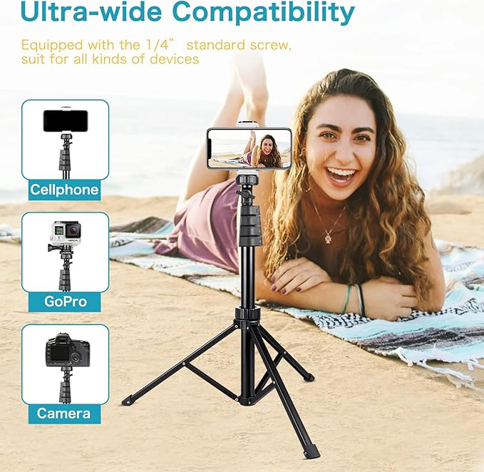 Aureday 67" Phone Tripod, Extendable Cell Phone and Camera Tripod Stand with Wireless Remote & Phone Holder, Aluminum Selfie Stick Tripod