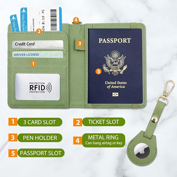 Cnycmy Passport Holder with Airtag slot,Passport-Wallet-Holder for Women,for Family, Rfid Passport Book Card Slot Waterproof, passport holder for travel (moss green1)