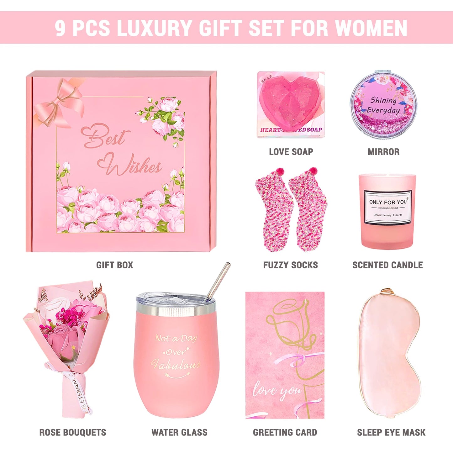 Birthday Gifts for Women Self Care Set Get Well Soon Gift Baskets, Relaxing Rose Spa Gift Basket Care Package for Women Mom Her Girlfriend Sister Teacher Best Friend Wife Grandma