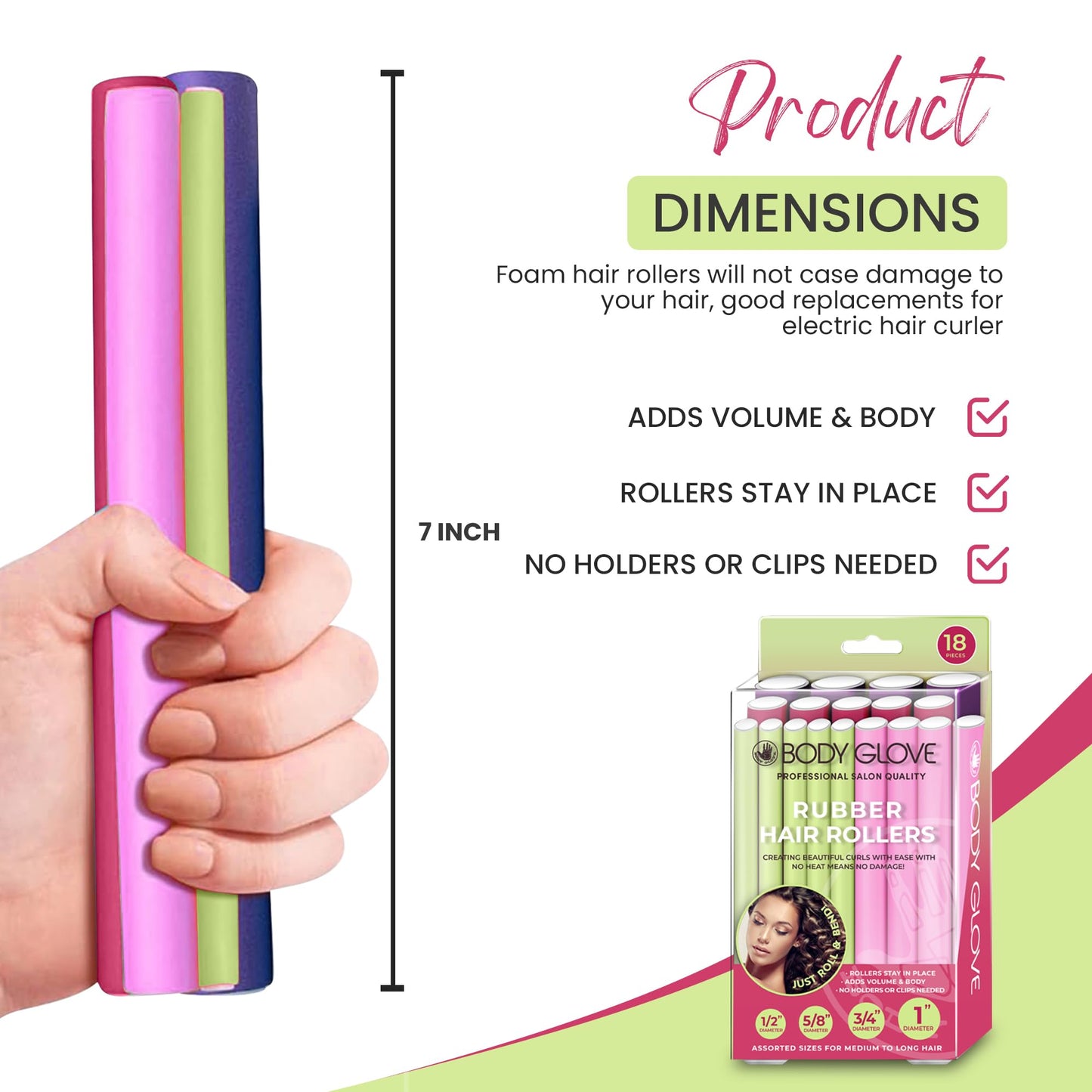 Body Glove Flexi Rods Foam Hair Rollers Medium to Large Size Professional Salon Quality 18 Pcs Rubber Hair Rollers For Medium to Long Hair (Multi-color)