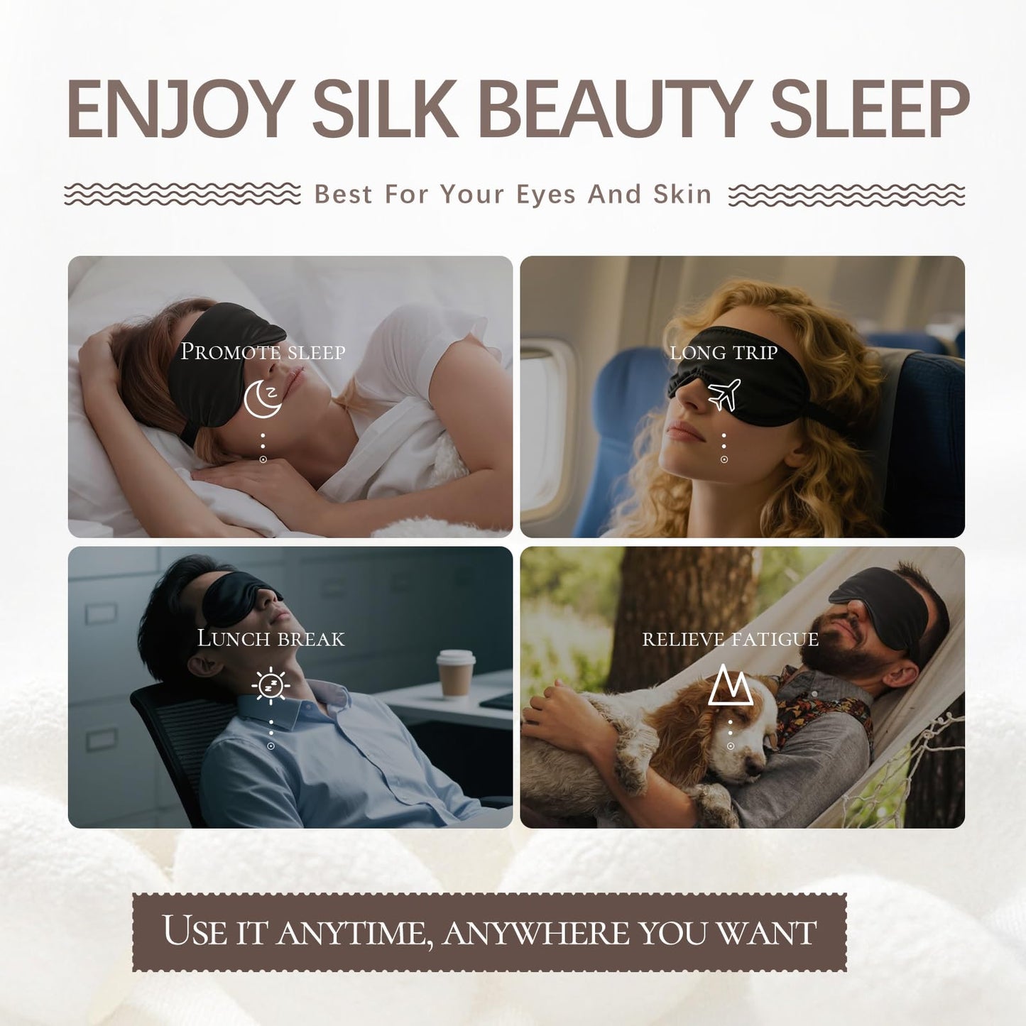 Silk Sleep Mask for Smaller Heads Women,100% Mulberry Silk Eye Mask with Sleep earplugs and Intelligence-Adjust Strap - 3D Contoured Sleeping Mask, Blackout Blindfold Travel noon Break Essentials