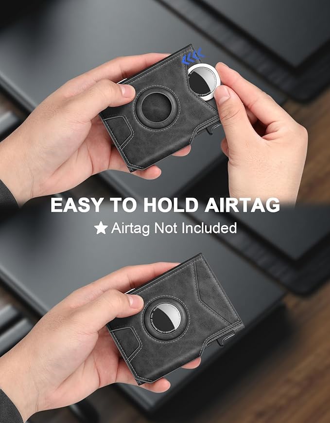 Airtag Wallet for Men, Minimalist Slim Mens Wallet Smart Pop Up Credit Card Holder for 9-13 Cards, RFID Blocking Wallet with ID Window & Cash Slot, Compact Bifold Metal Aluminum Card Case