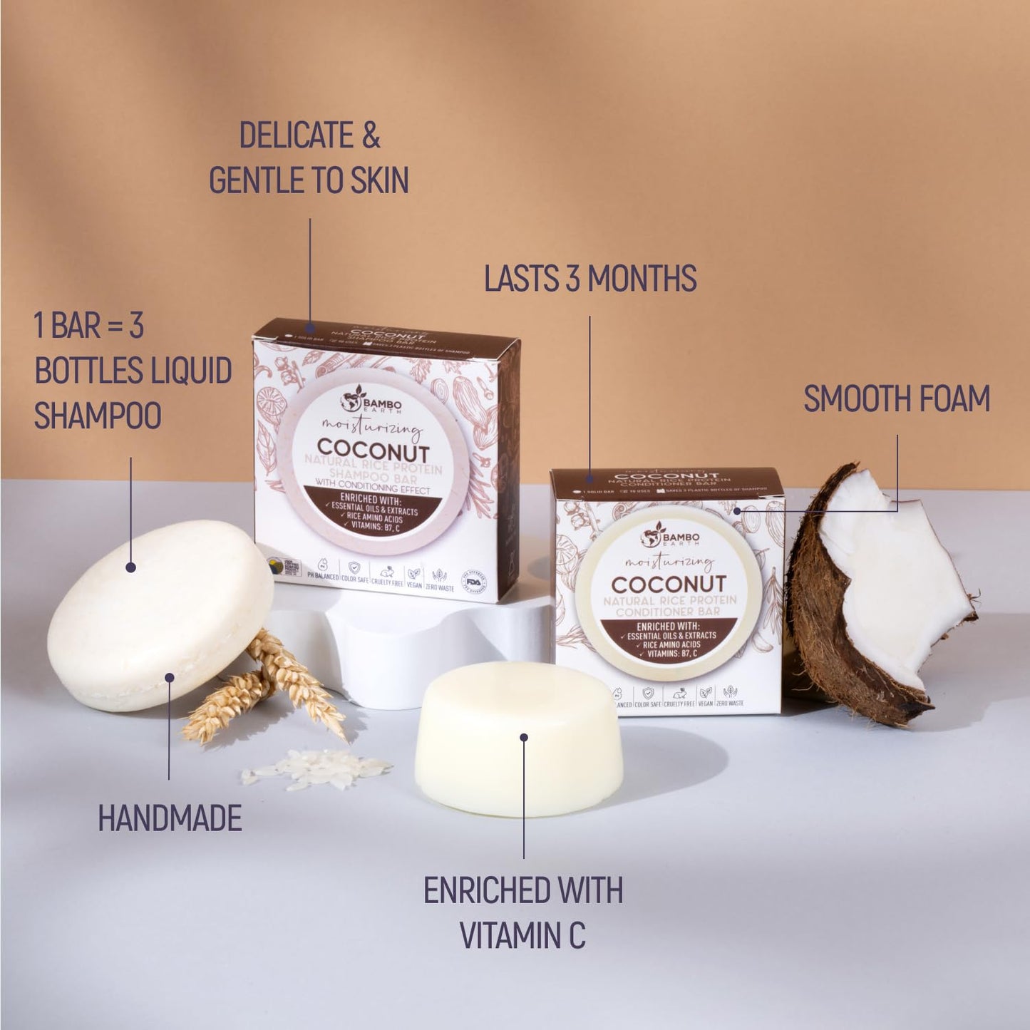 Solid Rice Protein Water Shampoo & Conditioner Hair Soap – Shampoo and Conditioner Bars For Hair With All Natural Plant Based Essential Oils And Zero Waste Packaging (Coconut)