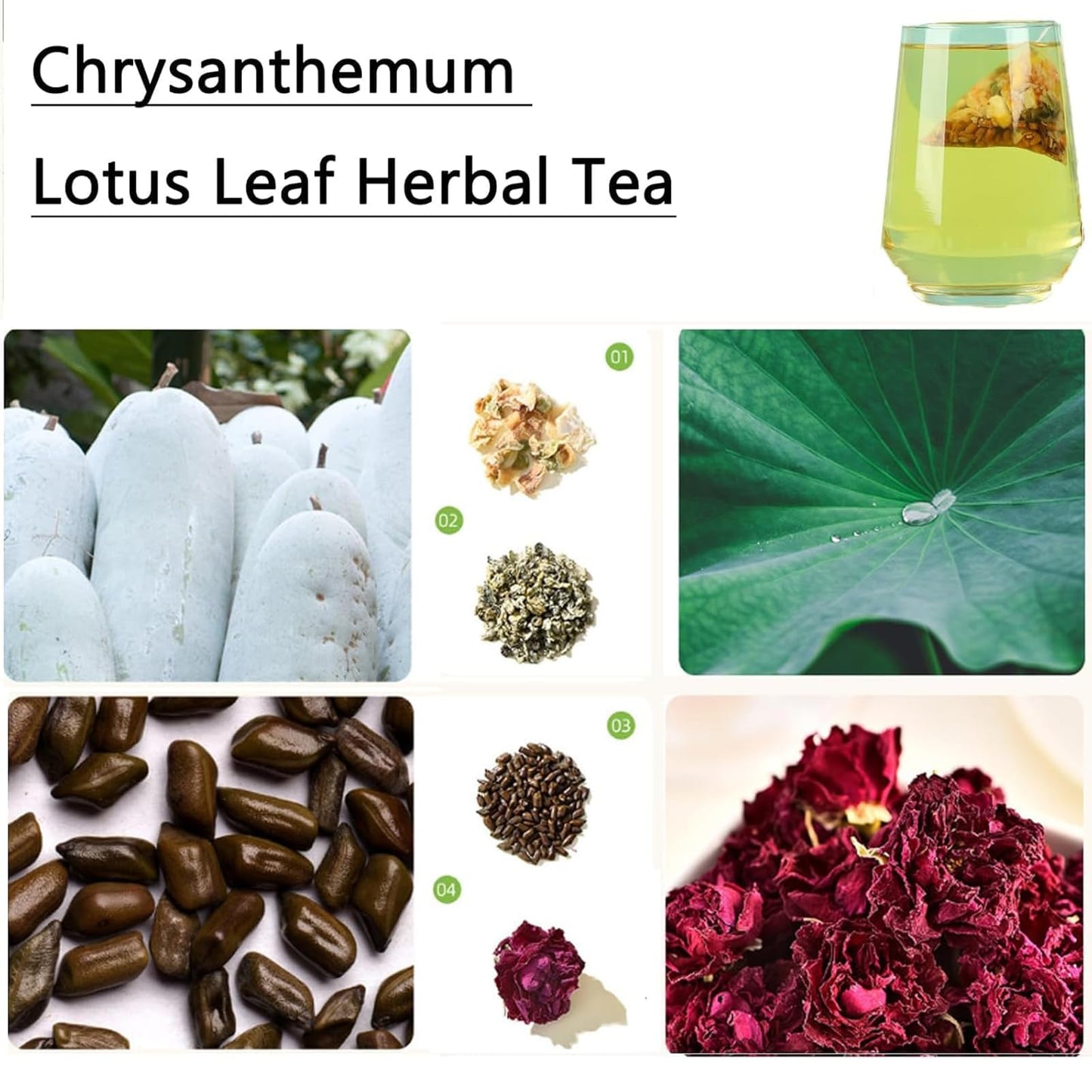 Winter Melon Lotus Leaf Tea,30 Bags Chrysanthemum Tea,Chrysanthemum Winters Melon Lotus Leaf Herbal Teas,Winter Melons,Orange Peel,Cassia Seed,Buckwheat,Hawthorn,Lotu Leafs,Red Rose (1)
