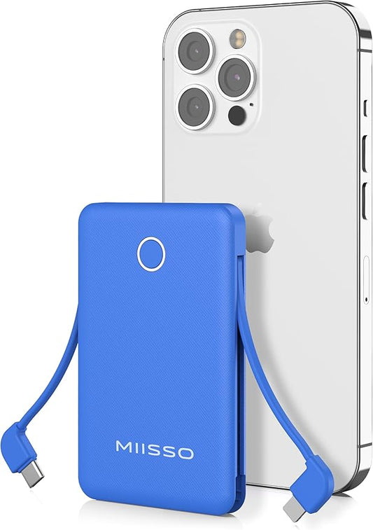 6000mah Ultra Slim Built in Cables Power Bank, Card Size Built in USB C Cords Battery Pack Portable Charger for Phones, 3 Output External Battery Pack Compatible with iPhone, Samsung, Deep Blue