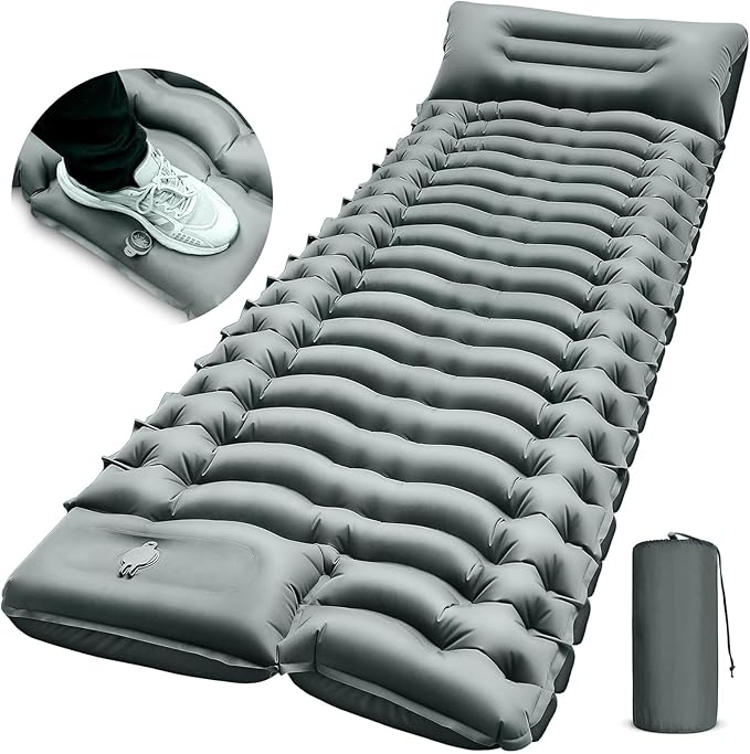 Camping Sleeping Pad, Ultralight Camp Pad with Pillow, Built-in Foot Pump, Inflatable Sleeping Pad, Compact Size for Camping, Backpacking, Hiking and Traveling - Gray
