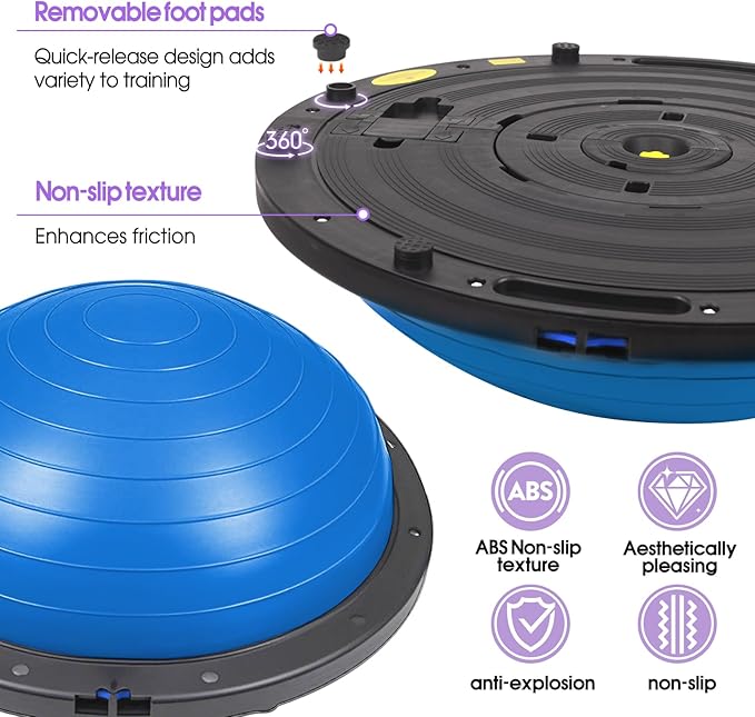 Balance Ball Trainer, 26 inch Half Exercise Ball with Resistance Bands, Home Gym Full Body Workout Equipment, Blue