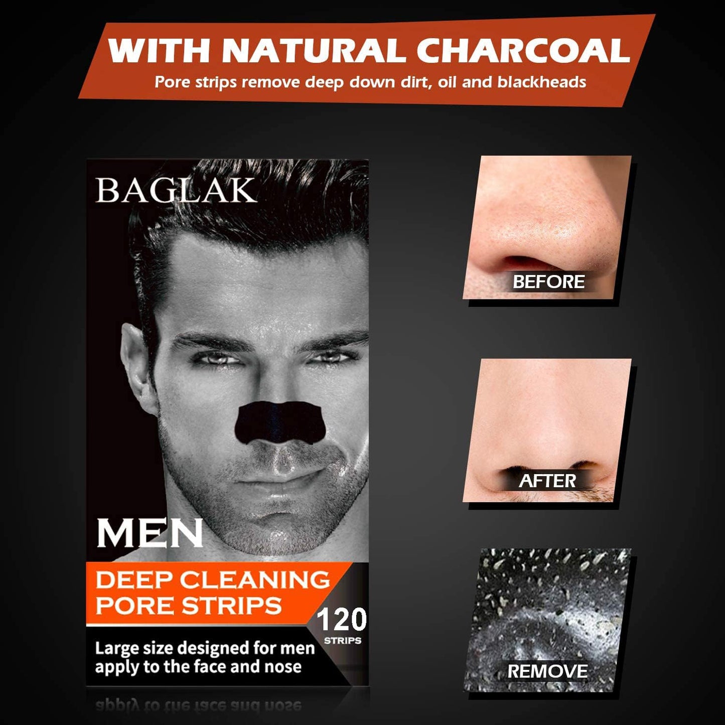 BAGLAK Men Blackhead Pore Strips - 120 Strips - Deep Cleansing - Face Nose Pores - Blackheads Removal - Large Size For Nose+Face