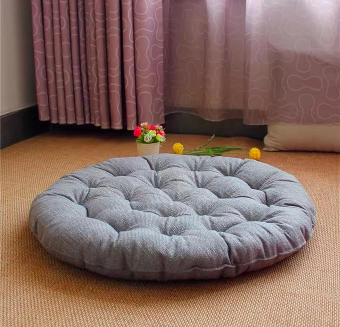 Large Linen Floor Cushions,Round Futon Pillows Japanese Style Tufted Floor Pillows Meditation Cushions for Seating On Pad for Yoga Sofa Balcony(Size:65x65cm(26x26inch),Color:Light Gray)