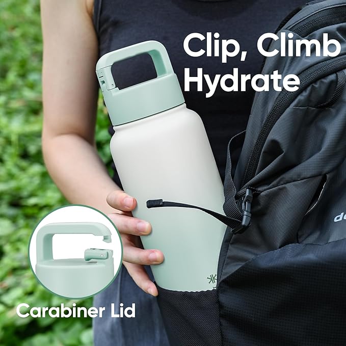 32 oz Insulated Water Bottle, 2-in-1 Lid, Straw & Spout with Protected, Leak Proof, Keep Cold, Stainless Steel, Metal, Reusable, Handle, for Outdoor, Gym and School, 2 Lids, Iced Mint