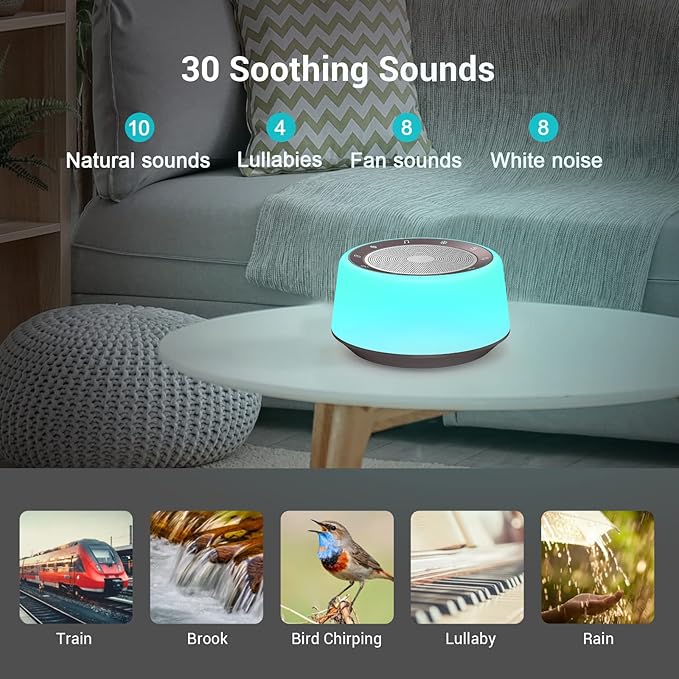 BGOVERSS Sound Machine with 30 Soothing Sounds, 16 Colors Night Light White Noise Machine for Adults Baby Kids Sleep Machines Function 36 Volume Levels 5 Timers for Home Office Travel (Grey, /)