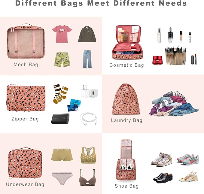 BAGAIL 8 Set Packing Cubes Luggage Packing Organizers for Travel Accessories-Pink Leopard