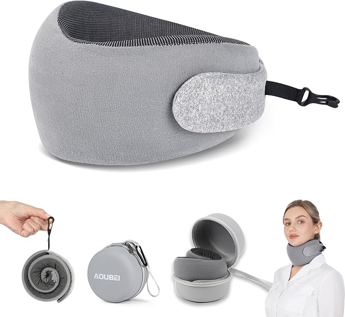 Compact Travel Pillow with Adjustable Strap & Washable Cover, Portable Neck Pillow Airplane with Case & Hook, Chin Support Pillow Relieves Pain & Pressure for Quick Trips, Office, Car & Home Use