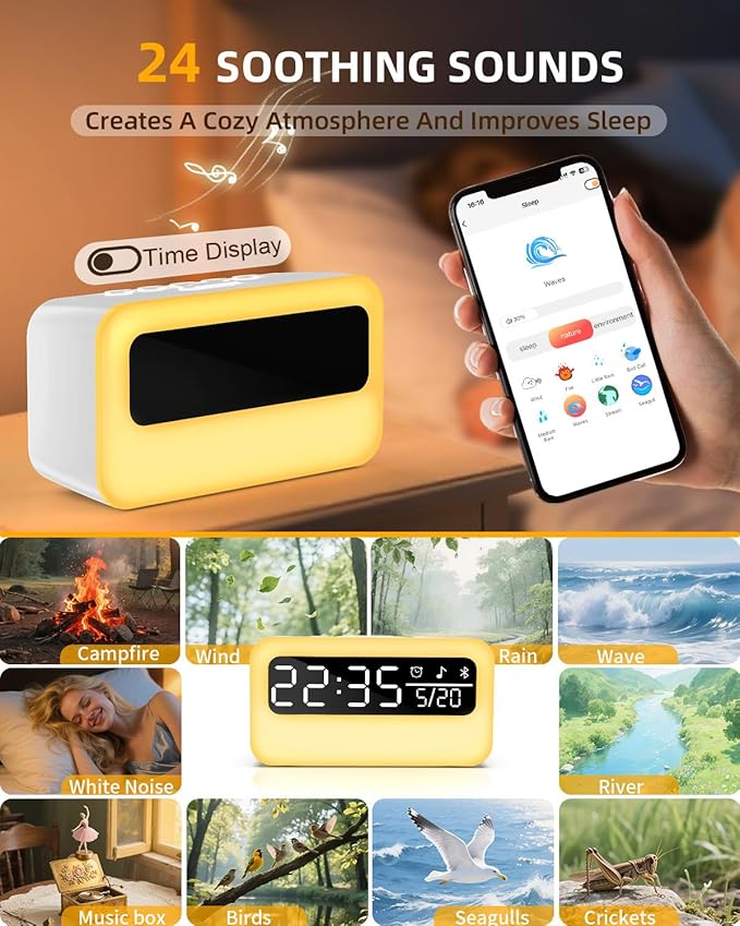 4-in-1 White Noise Sound Machine with 24 Soothing Sounds, Adjustable Night Light for Kids Adult, 4000mAh Rechargeable Bluetooth Speaker with Time Display