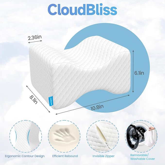 CloudBliss Knee Pillow for Side Sleepers-Cooling Leg Pillow for Side Sleeping, Memory Foam Knee Pillow for Hip Pain, Lower Back Pain, Sciatica Pain, Knee Wedge Pillow with Contour Design, White