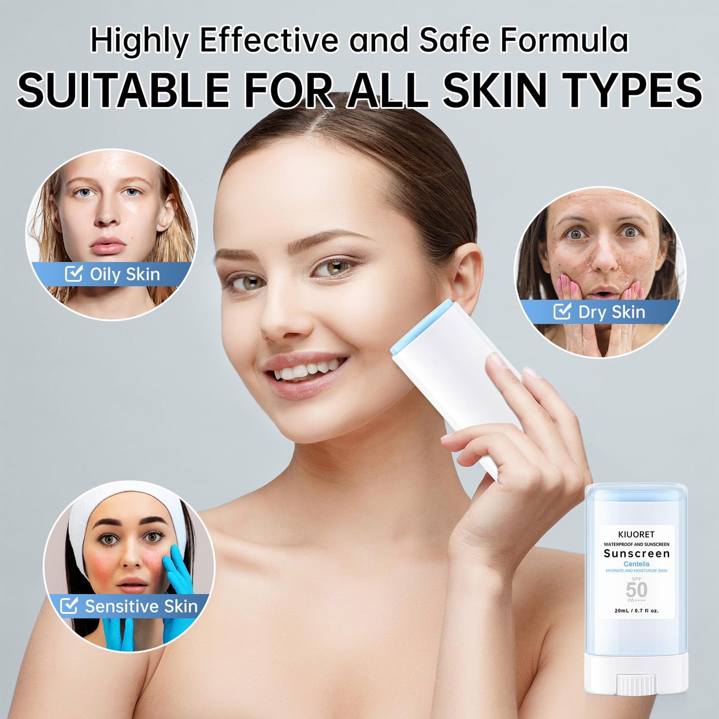 Face Suncream Stick with Centella SPF50+ PA++++, Sunscreen Moisturizer Travel Size 20 ml, Waterproof Long-Lasting, No White Cast, Lightweight to Absorb, Sunscreen Stick for All Skins