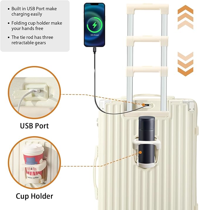 20 Inch Carry On Luggage With Cup Holder & USB Port, Airline Approved TSA-locked Luggage, Lightweight PC Material Travel Suitcase With 360° Spinner Wheel (20in-White, 20in)