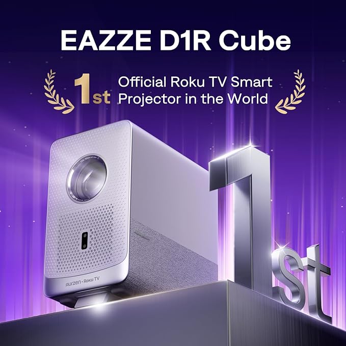 Aurzen Roku TV Smart Projector with Wifi and Bluetooth, D1R Cube Roku Streaming Experience Built-in, Sealed Optical Engine, 1080P FHD, Dolby Audio, Portable Projector for Home/Outdoor Movies Gray