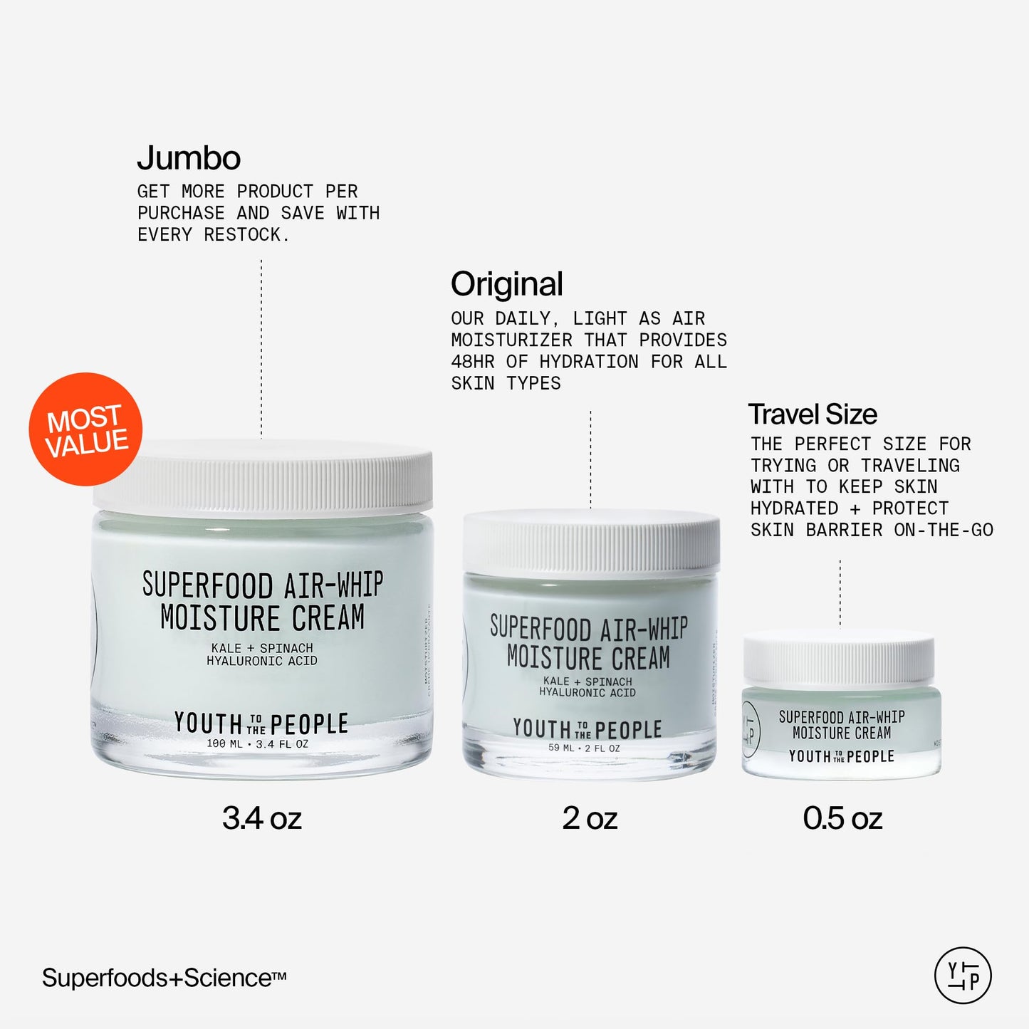 Youth To The People Superfood Air-Whip Moisture Cream Travel - Kale + Green Tea Hyaluronic Acid Face Moisturizer, Smooths + Hydrates Up to 48HR with Dewy Glow, Non-Greasy Lightweight Gel - 0.5 fl oz