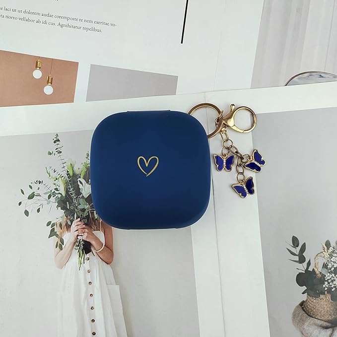 Compatible with Powerbeats Pro, Soft Silicone Case with Gold Heart Pattern for Powerbeats Pro Case with Cute Butterfly Keychain for Girls Women (Midnight Blue)
