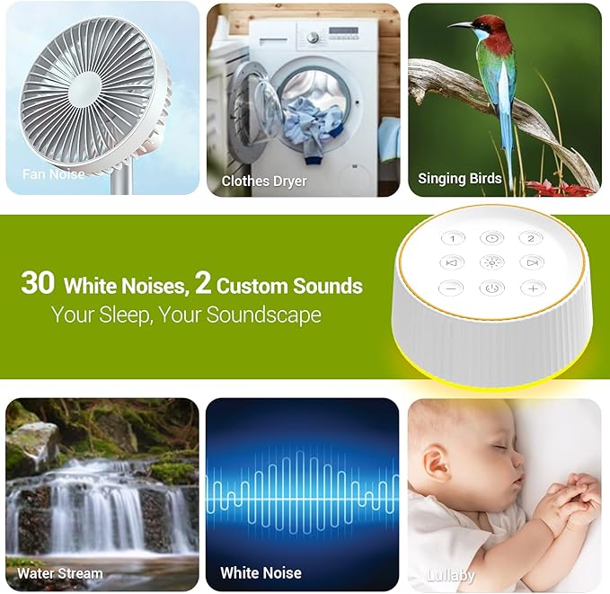 BGOVERSS Sound Machine with 30 Soothing Sounds, 16 Colors Night Light White Noise Machine for Adults Baby Kids Sleep Machines Function 36 Volume Levels 5 Timers for Home Office Travel (White, /)