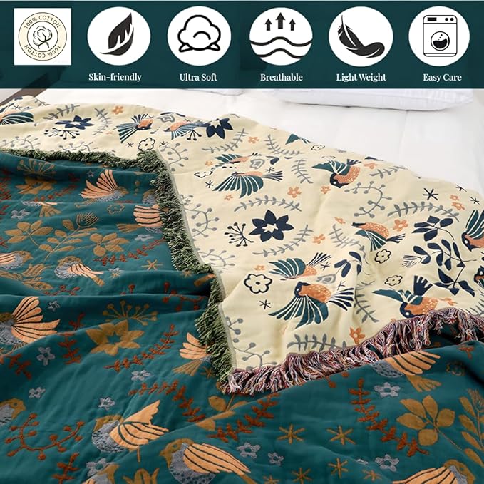 Boho Throw Blankets 100% Cotton Fall Throw Blanket for Bed Couch 90"x98", Reversible and Soft Mexican Blankets Lightweight Muslin Blankets Farmhouse Warm Throws Gifts for Women Mom