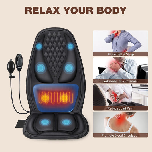 Back Massager with Heat, Massage Seat Cushion with 3D Lumbar Traction, 8 Vibrating Motors Massager Chair Pad for Full Body Pain Relief, and Home Use