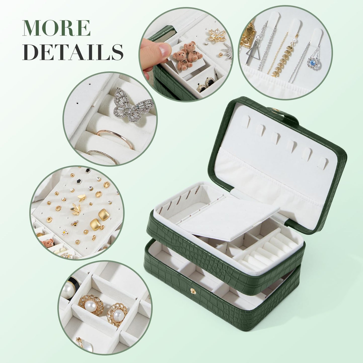 BUTI4WLD PU Leather Travel Jewelry Organizer Case for Women & Girls, 2-Layer Portable Jewelry Box for Earrings, Rings, Necklaces, Bracelets, Compact Jewelry Storage (Green)