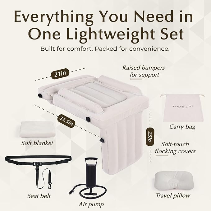Luxury Toddler Airplane Bed – Travel Bed Seat Extender for Kids with Carry Bag, Air Pump, Pillow & Blanket – Portable Toddler Air Mattress, Travel Essentials for Airplane Seats (Beige)