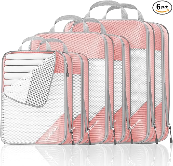 Compression Packing Cubes 6 Set, Compressible Space-Saving Packing Cubes for Travel - Compression Bags, Luggage Organizer, Travel Essentials for Women, Pink