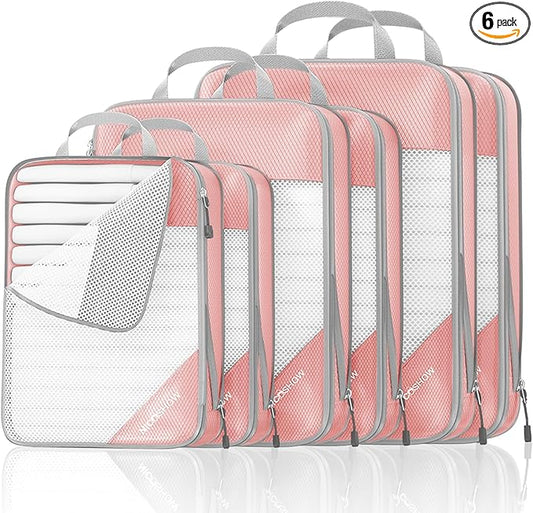 Compression Packing Cubes 6 Set, Compressible Space-Saving Packing Cubes for Travel - Compression Bags, Luggage Organizer, Travel Essentials for Women, Pink