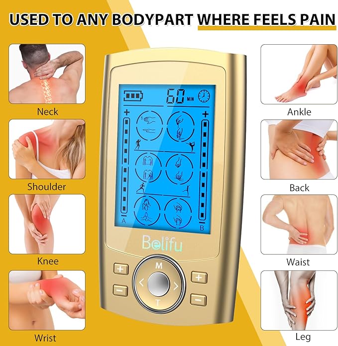 Belifu Dual Channel TENS EMS Unit 24 Modes Muscle Stimulator for Pain Relief Therapy, Electronic Pulse Massager Muscle Massager with 10 Pads, Dust-Proof Drawstring Storage Bag, Fastening Cable Ties