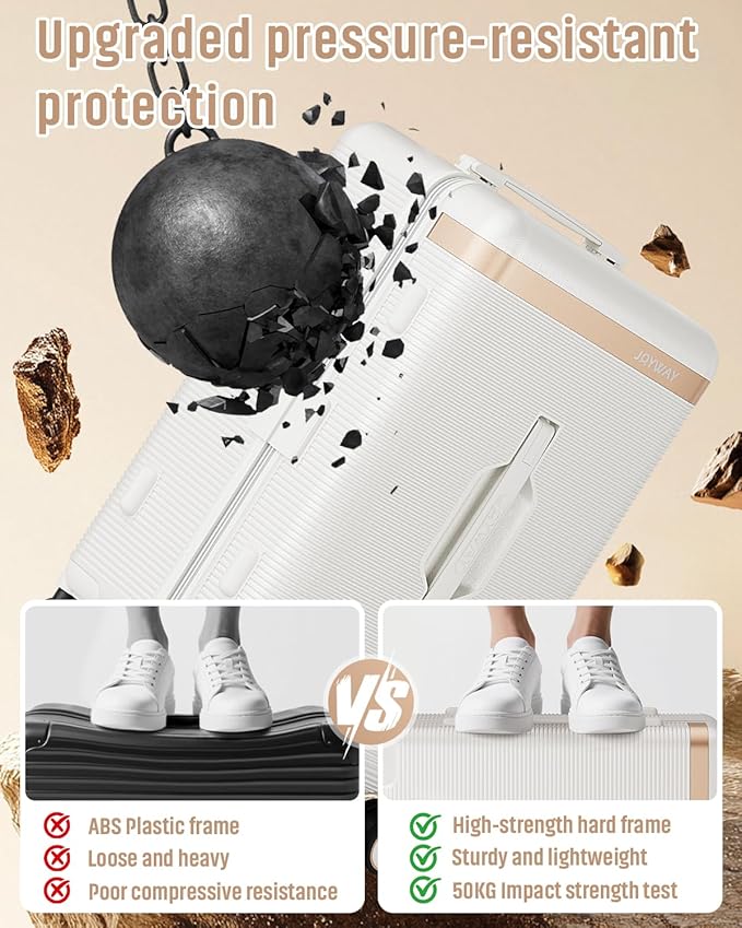 Joyway 22 Inch Carry on Luggage with Cup Holder, Hard Shell Suitcases with Shock Absorbing Spinner Wheels and Pressure-resistant Frame, Lightweight Carry-on Luggage with TSA Lock, Beige