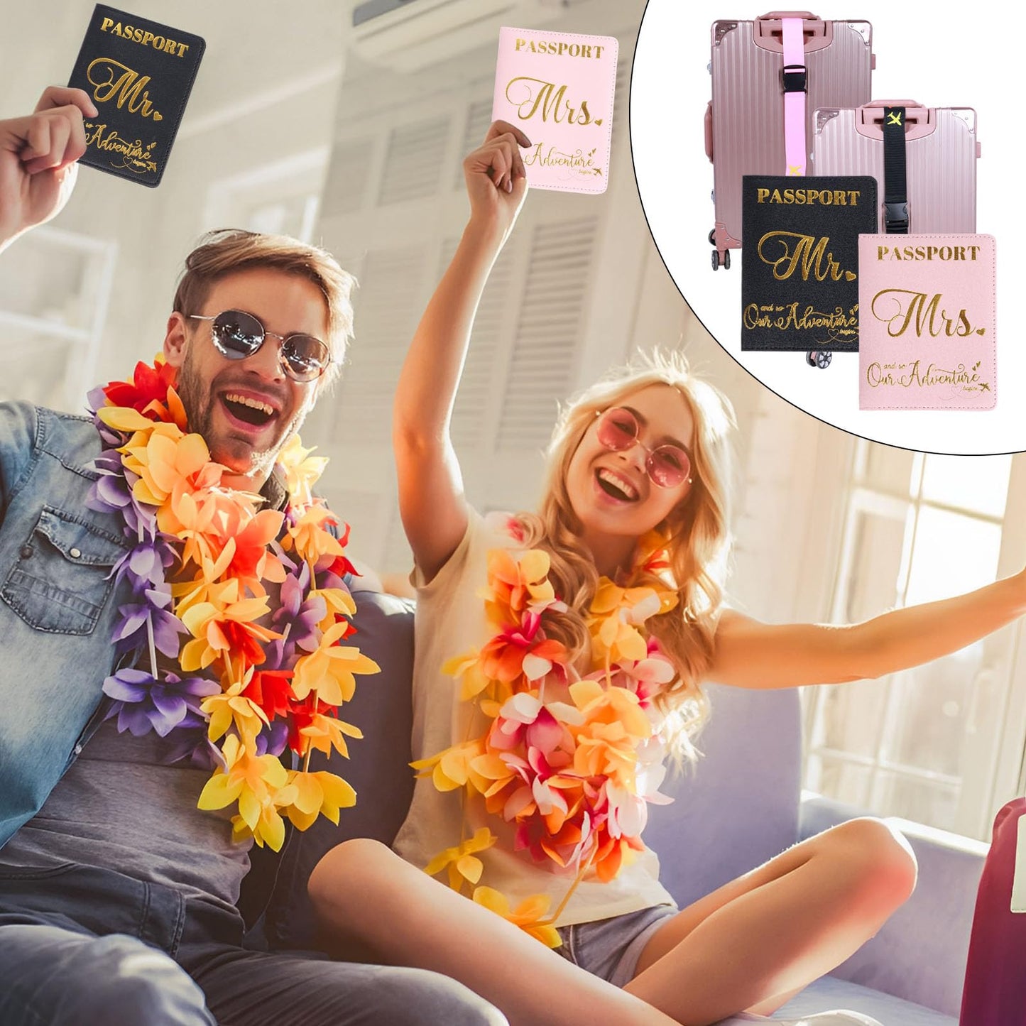 Mr and Mrs Luggage Straps for Suitcases with Matching Passport Holders, Honeymoon Wedding Travel Gift Set for Couples, Bridal Shower Gifts, Newlyweds, Bride, Valentine's Day (Black & Pink)