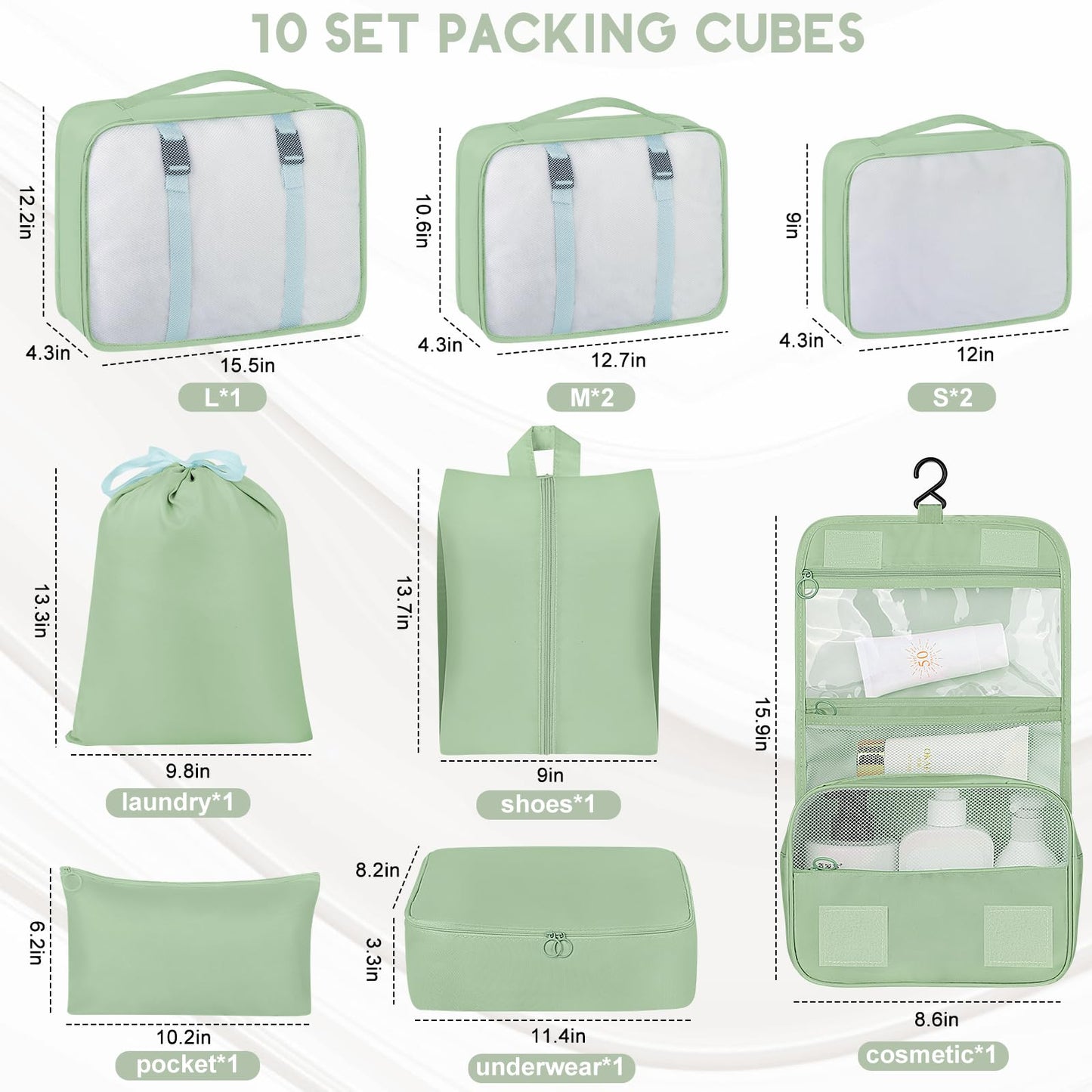 10 Set Packing Cubes for Travel, Travel Packing Cubes with Hanging Toiletry Bag and Shoe Bag, Suitcase Luggage Organizer Bags for Travel Essentials Women Men (Matcha)
