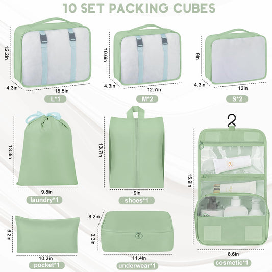 10 Set Packing Cubes for Travel, Travel Packing Cubes with Hanging Toiletry Bag and Shoe Bag, Suitcase Luggage Organizer Bags for Travel Essentials Women Men (Matcha)