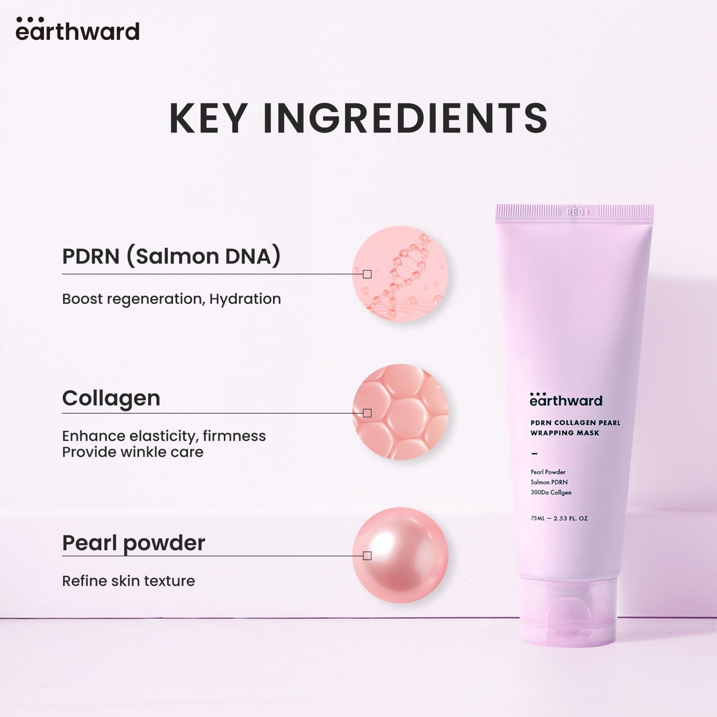 EARTHWARD Salmon DNA PDRN Collagen Pearl Mask | Hydrating Pink Glow Mask | for glass skin younger looking Korean Skincare 2.53 fl.oz