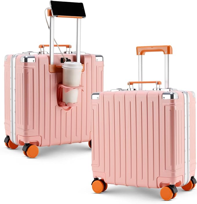 18 Inch Carry On Luggage Suitcase Locks TSA Approved Hardside Lightweight Suitcase with Cup Holder TSA Lock Carry On Luggage with USB Port Phone Holder Suitcases with 360° 8 Double Spinner Wheels